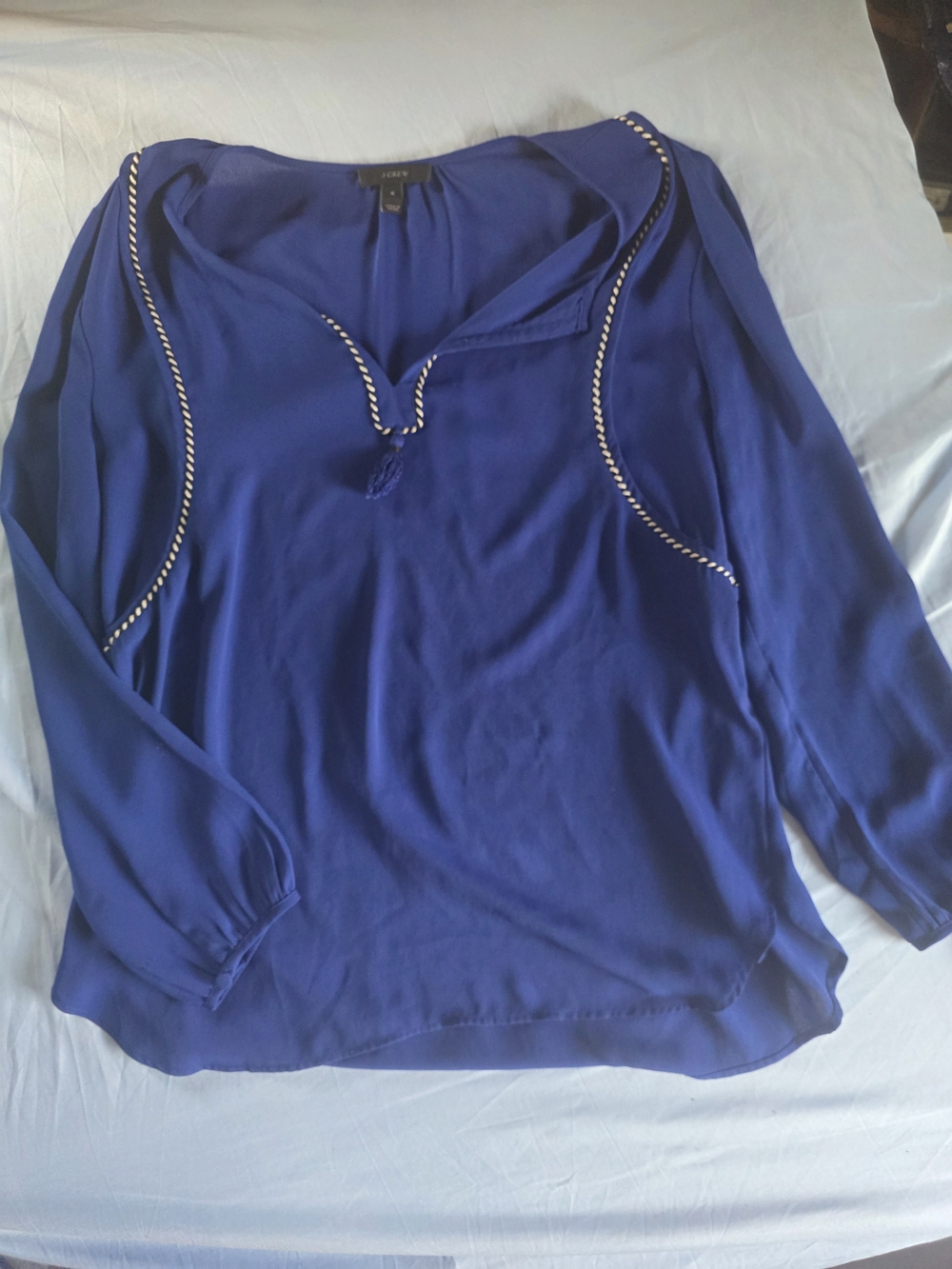 J. Crew Royal Blue Long-Sleeve V-Neck Blouse with Contrasting Braid